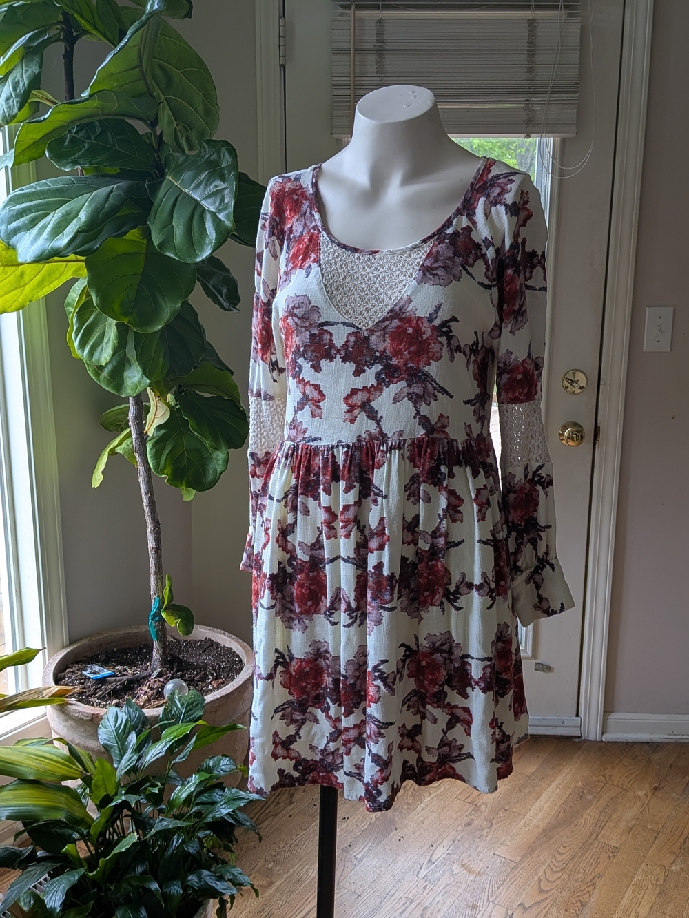Altar'd State Cream Dress with Burgundy Floral Print and Crochet Inset